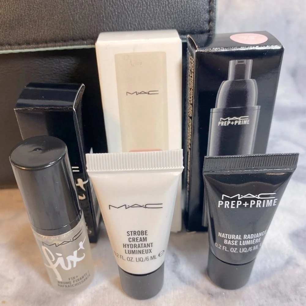 MAC Beauty Gift Set-Black Pouch,Lipstick,Primer,Hydration& Setting Spray-7pc-NEW
